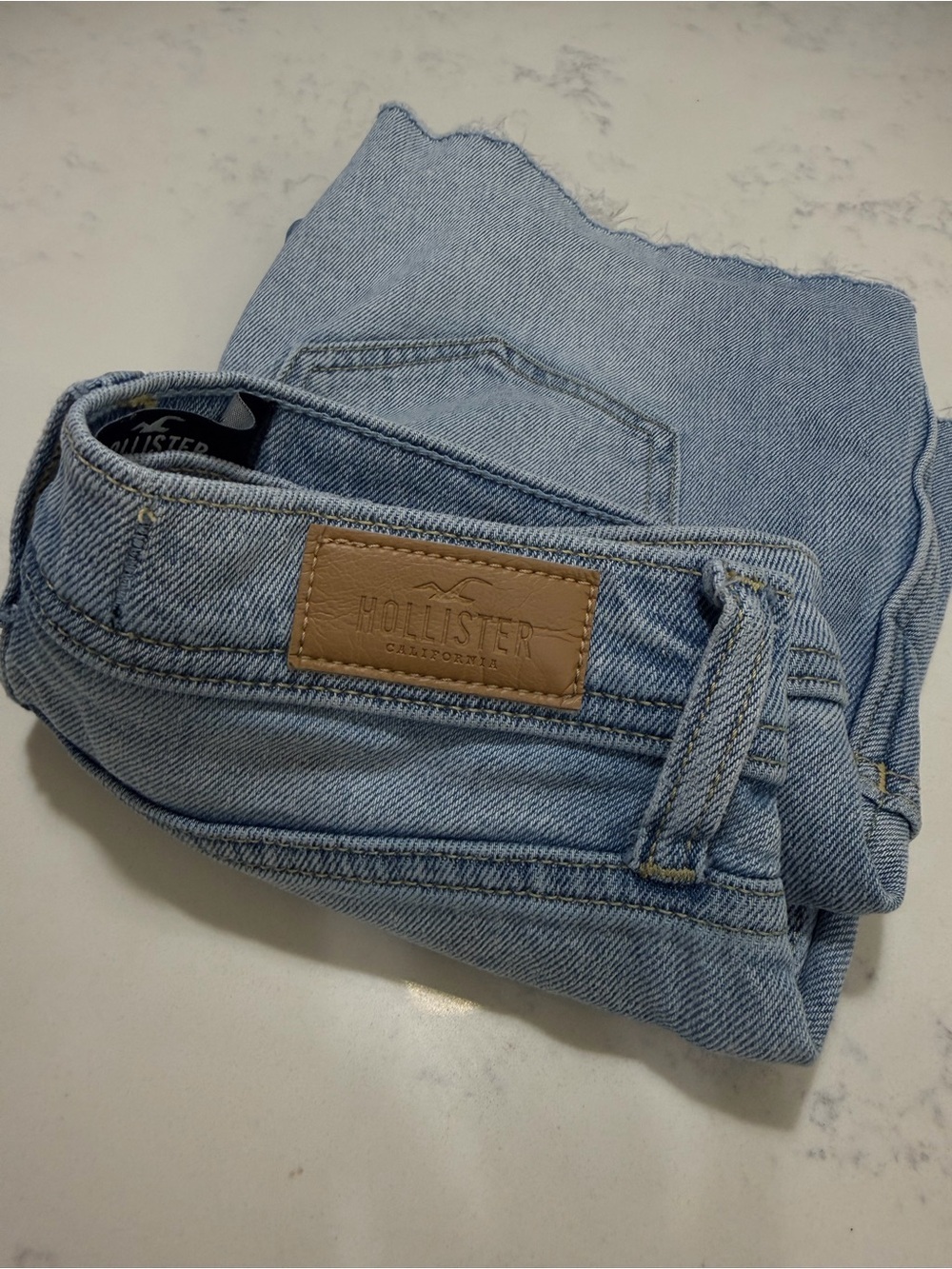 Hollister Light Blue Denim Jean Shorts with Leather Patch